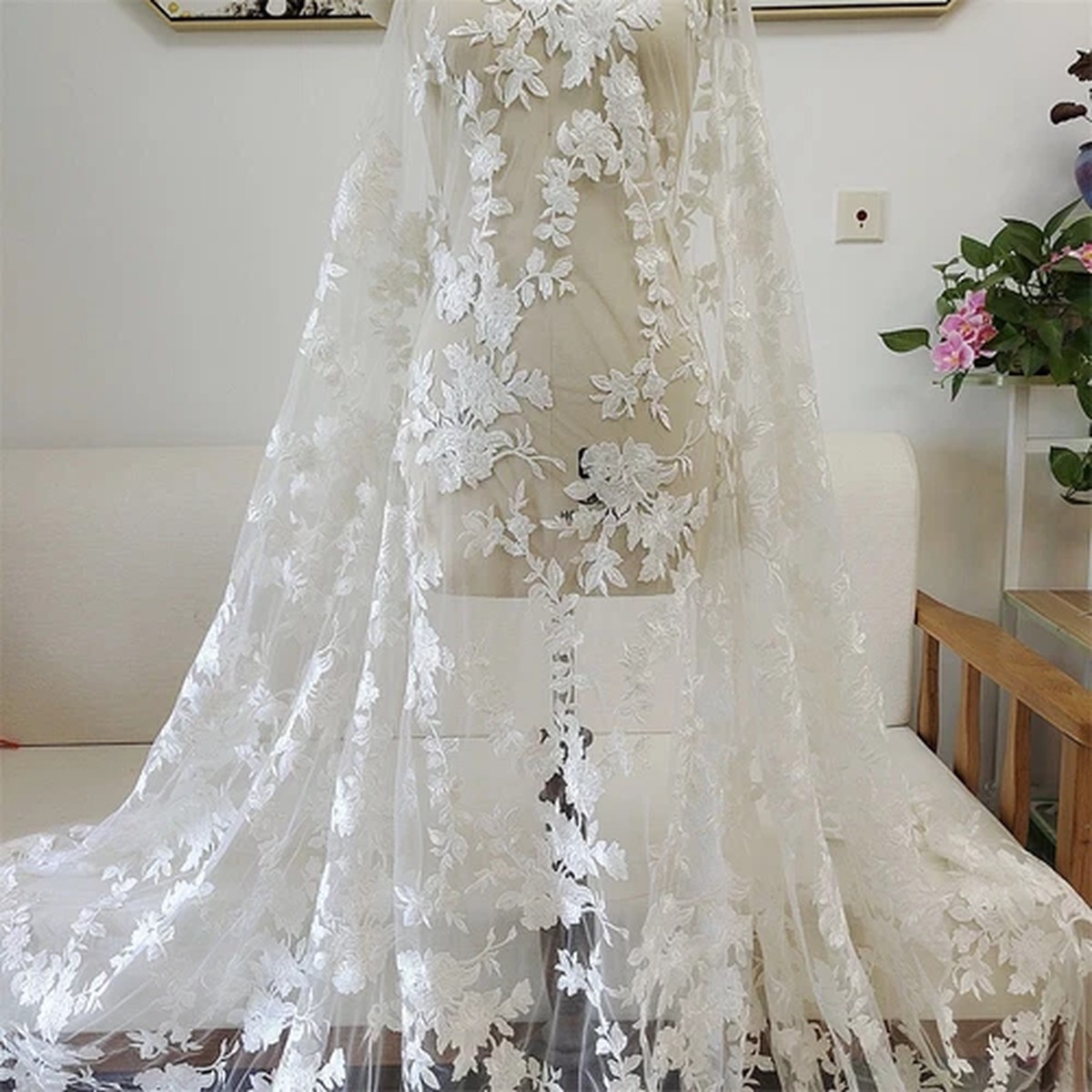 Evening Dress Veil Costume Lace Tulle Floral Embroidery Gown Wedding Fabric 1 Y