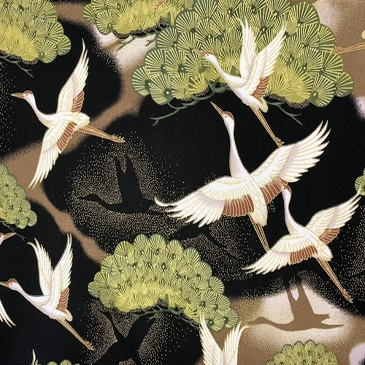 Oriental cranes fabric metallic heron stork bird gold black Japanese chinoiserie