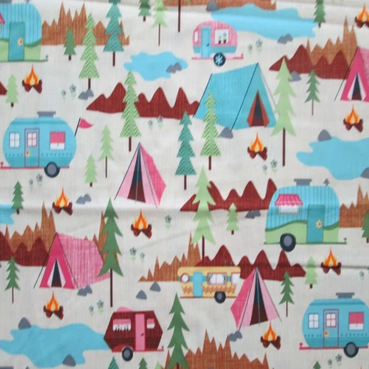 RETRO TRAILERS RV CAMPERS TRAILER TENTS CAMPING CREAM COTTON FABRIC FQ