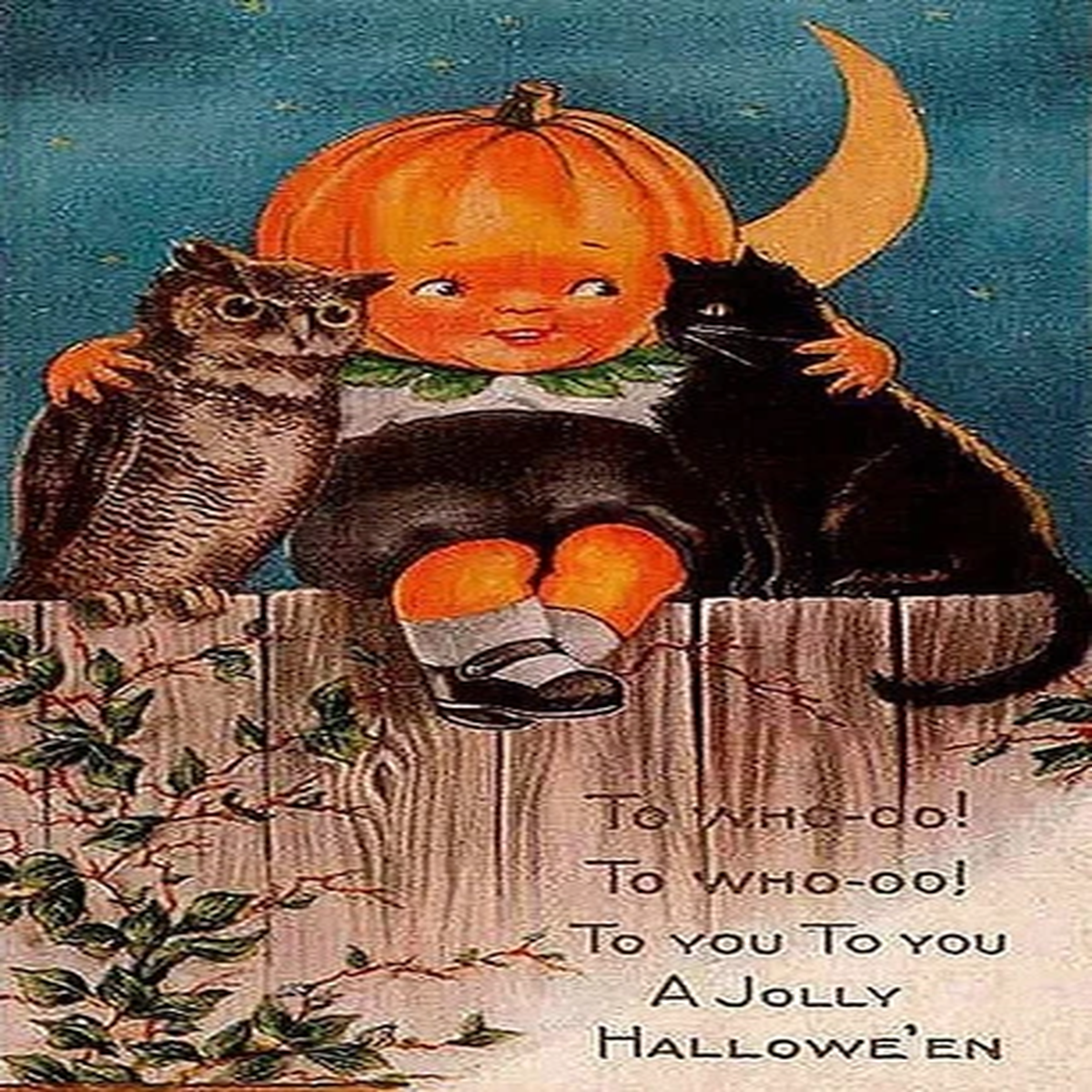 Handmade Set of TWO 4x7 Vintage Jolly Halloween Owl 1950's Cotton Fabric Blocks