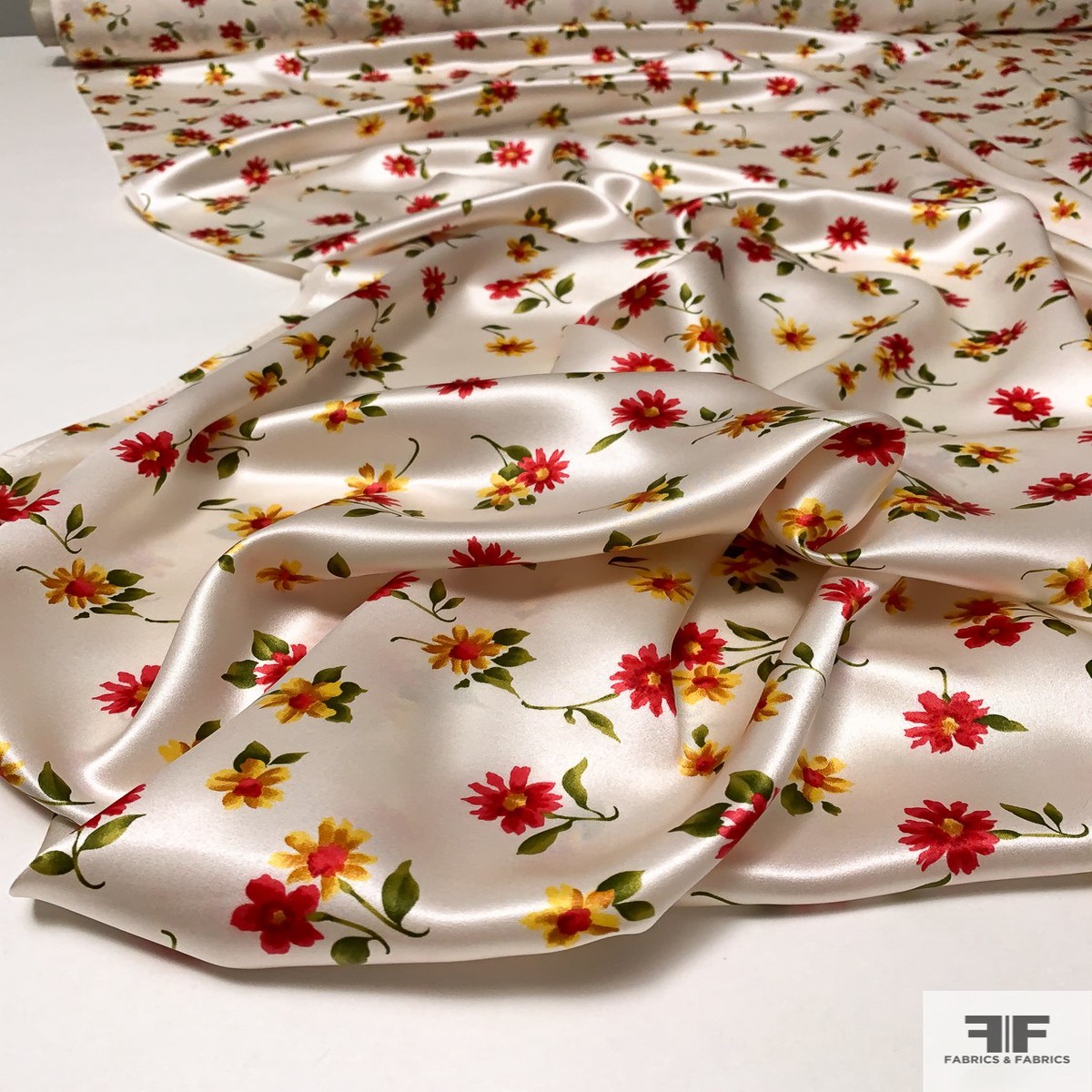 Joyful Floral Printed Silk Charmeuse - Red / Yellow / Green / Off-White