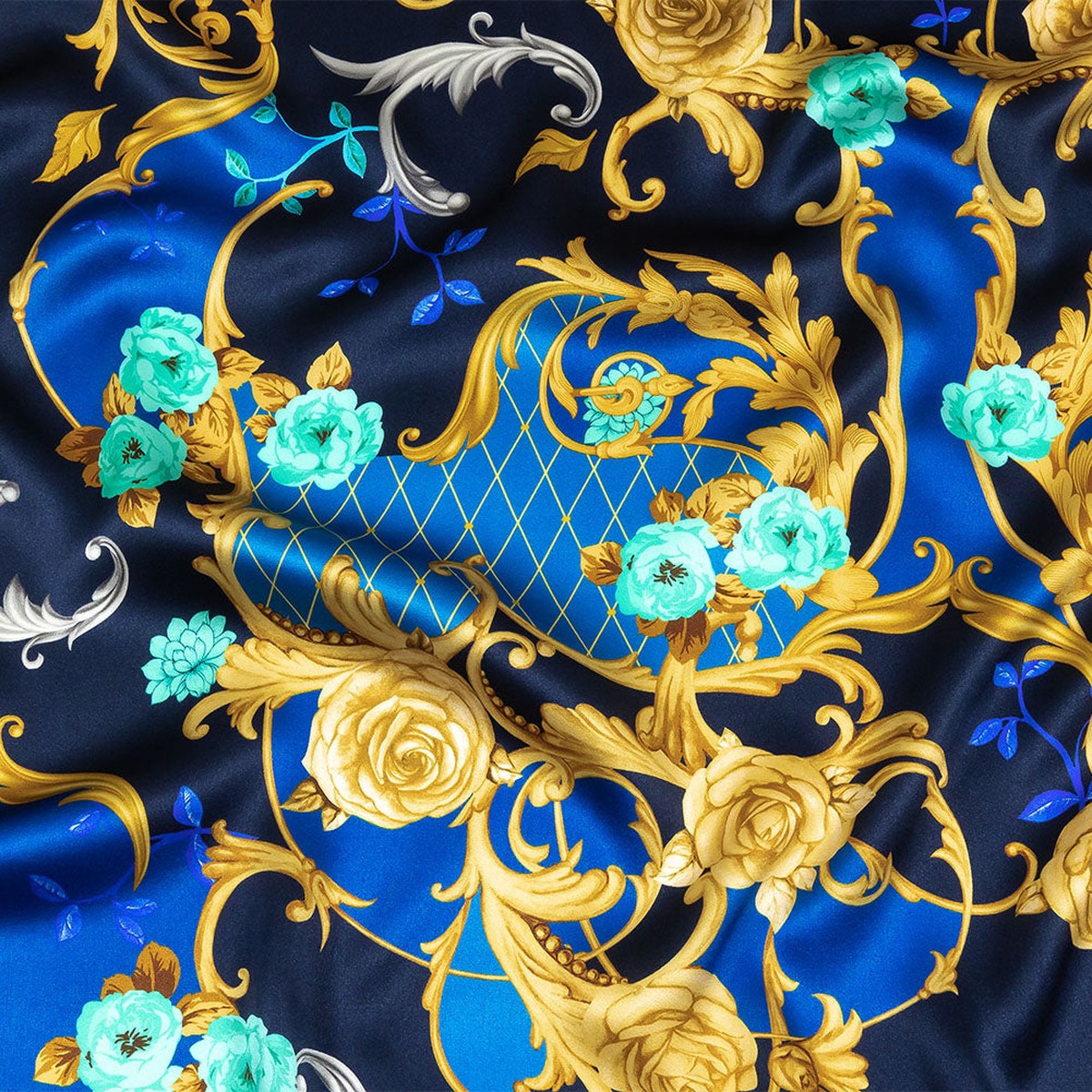 Mood Exclusive Italian Navy Blue and Gold Rose Filigree Silk Charmeuse