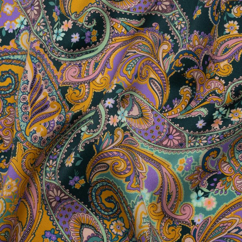 Silk Charmeuse Print 16MM, Made in Italy - Marigold Yellow, Light Purple and Mint Green Fancy Paisley