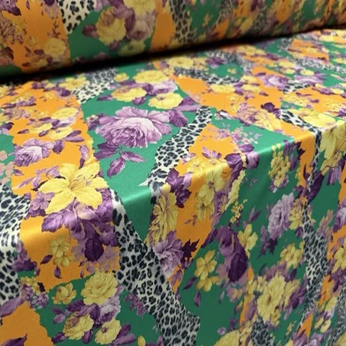 Single Jersey Fashion Fabric, Per Metre - Floral Animal Print - Green & Orange