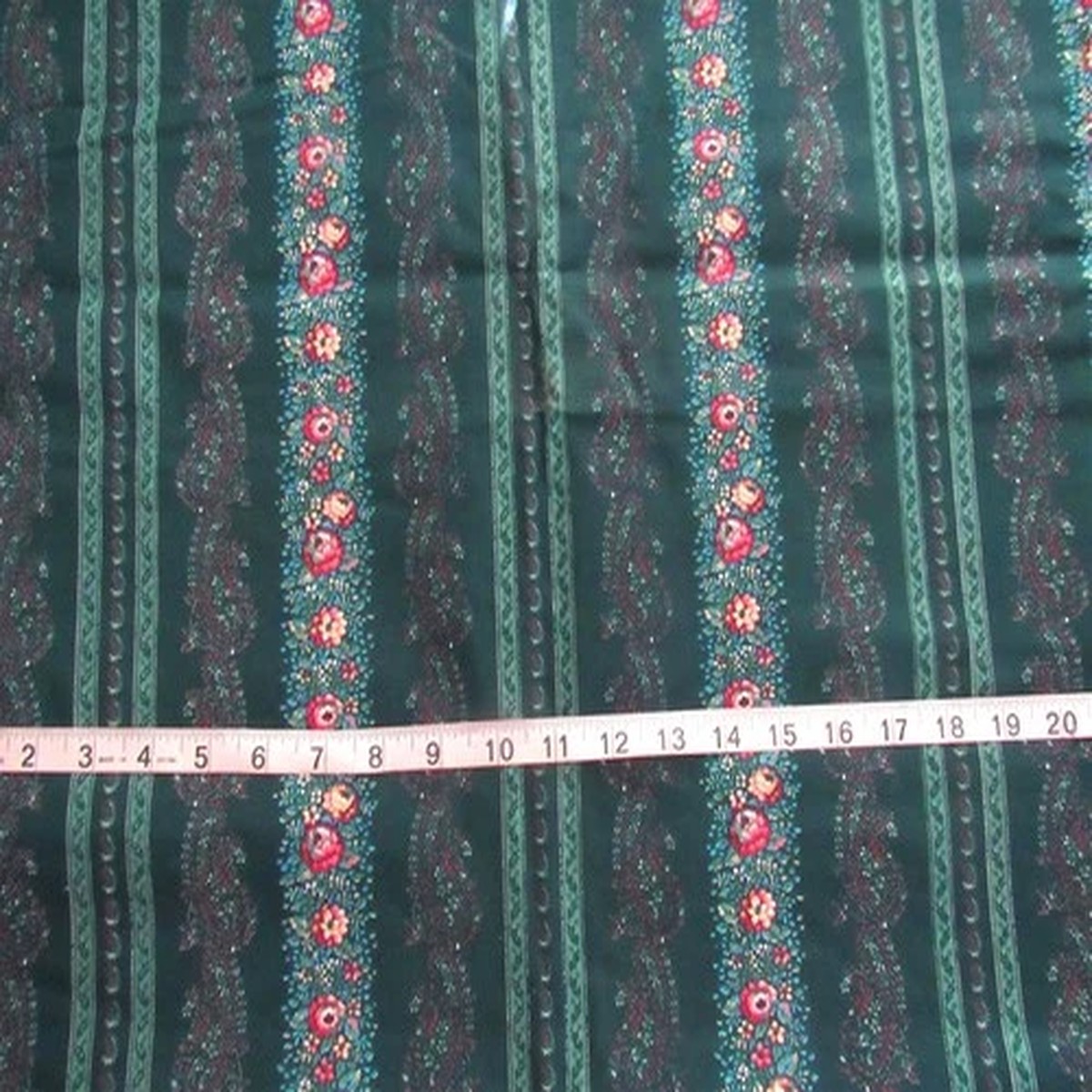 1 1/2 yd 100% Cotton Green with Stripes of Florals, Slightly Stiff by Spring Ind