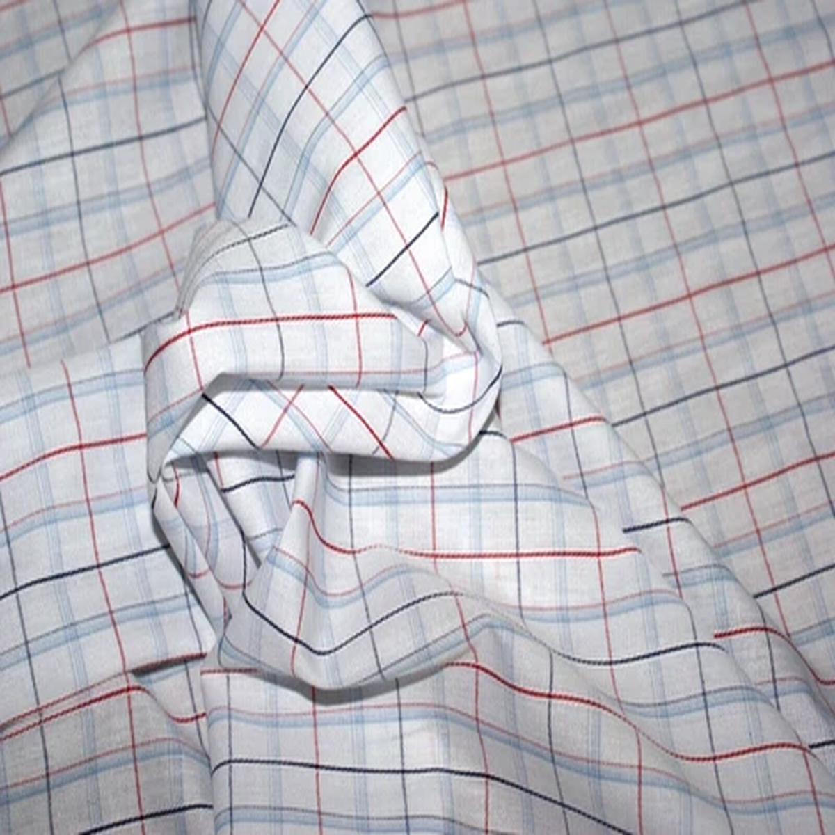 1 Metre - White Cotton Fabric w Blue & Red Checks, Light Weight, 150cm Wide
