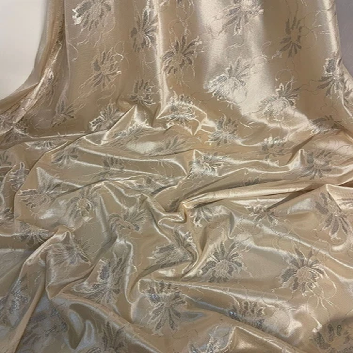 1 METER GOLD FLORAL METALLIC LACE ON SATIN BRIDAL DRESS FABRIC 58 WIDE
