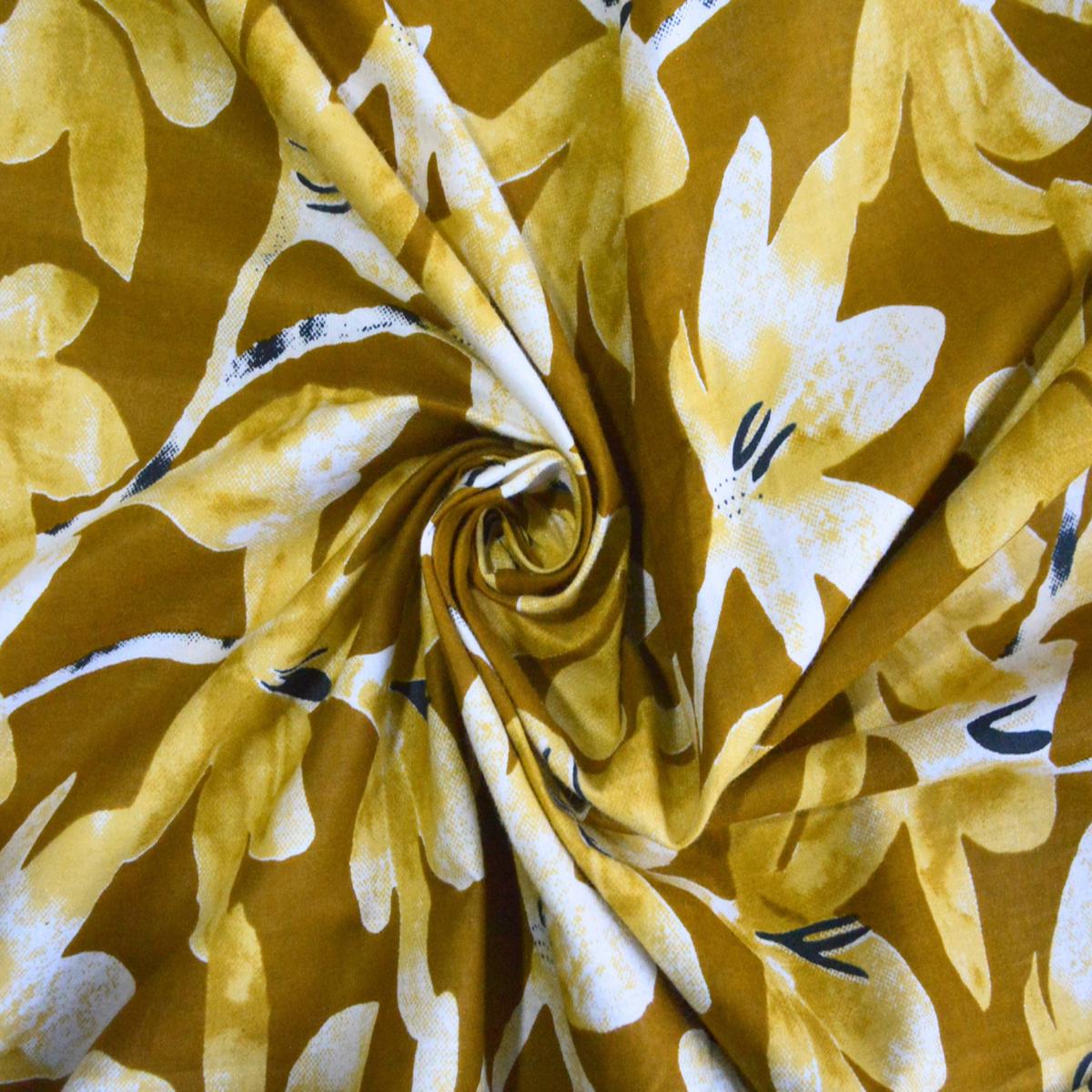 Deep Sun Yellow Floral Printed Pure Cotton Fabric