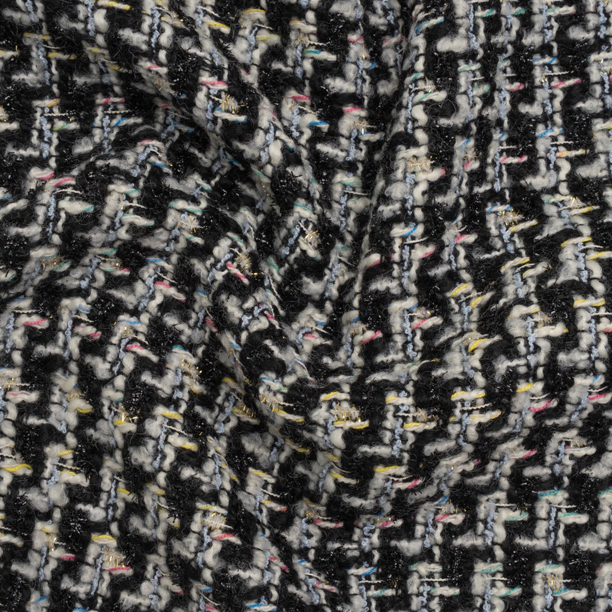 Wool Blend Tweedy Boucle Twill with Metallic Eyelash Fringe - Black White and Multicolor Houndstooth - Deadstock
